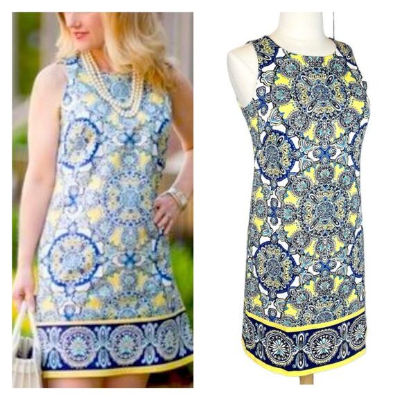 London Style Mandala Print Sleeveless Shift Dress Size 8 Yellow Blue Cotton - Picture 2 of 14